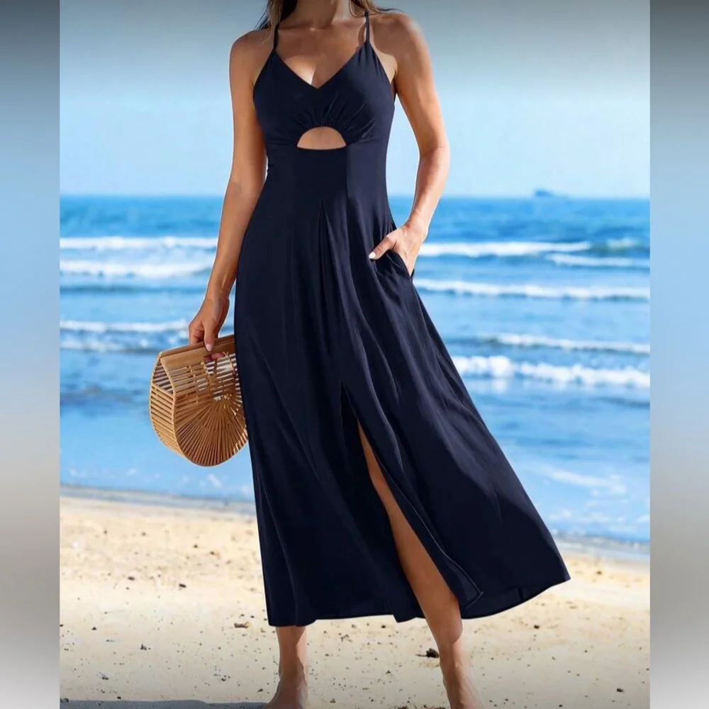 Navy Blue Cutout Maxi Dress with Slit